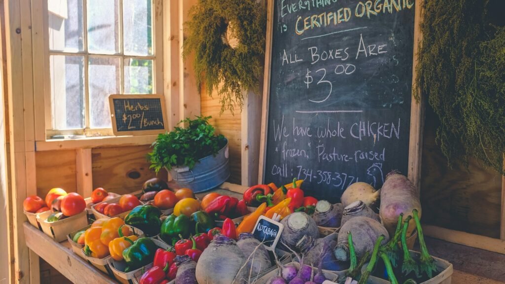 Étal de légumes avec panneau « Certified Organic »